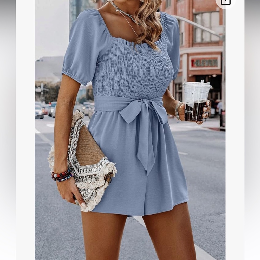 Womens Rompers Smocked High Waist Ruffle Sleeves Short Jumpsuits with Belt